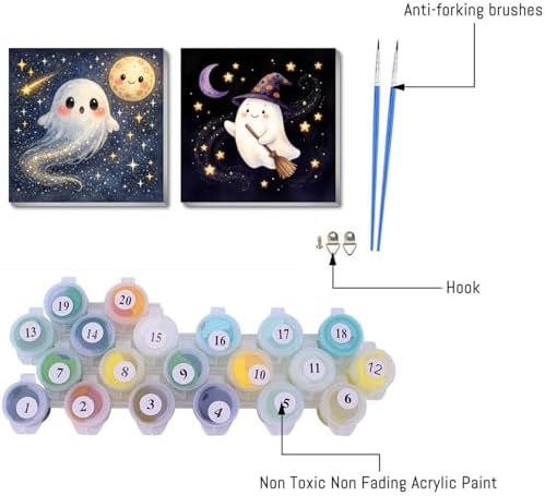 pchmcu 2 Pcs Halloween Paint by Numbers Kits for Kids Framed - Ghosts Adults' Paint-by-Number Kits on Canvas Easy Acrylic Oil Painting by Number for Home Decor Gifts 8x8 inchs
