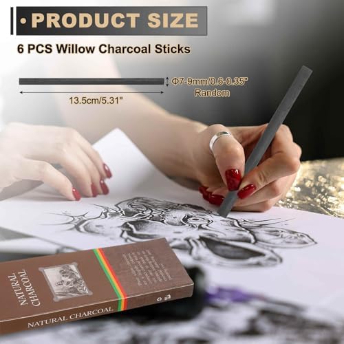 MECCANIXITY Willow Charcoal Sticks, 7-9 x 135mm Willow Charcoal Pencils Soft Sketch Vine Art Supplies Set for Drawing Sketching Shading Painting Artists Beginners (Black, Pack of 6)