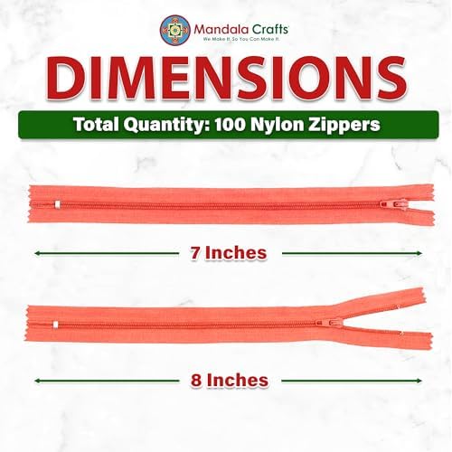 Mandala Crafts 100 PCs Coral Closed-End 7 Inches Nylon Zippers for Sewing