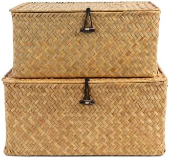 Nonam Wicker Storage Basket with Lid,Seagrass Shelf Basket Set of 2,Natural