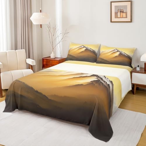 3D Golden Mountain Sheet Set Natural Landscape Scenery Bedding Set Natural Mountain Scenery Bed Sheets Teens Room Decor Golden Black (King Flat & Fitted Sheet with 2 Pillow Case)