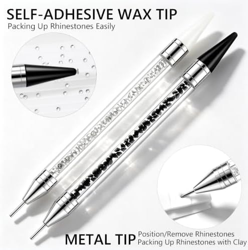 LIGHT RAIN Rhinestone Picker Tool - 2pcs Dual-head Bedazzling Pen with 4 Wax Tips, 8pcs Clay, Adjustable Precision Tweezers, 1400pcs Rhinestones and 2pcs Organizer Tray Kit for Nail Art