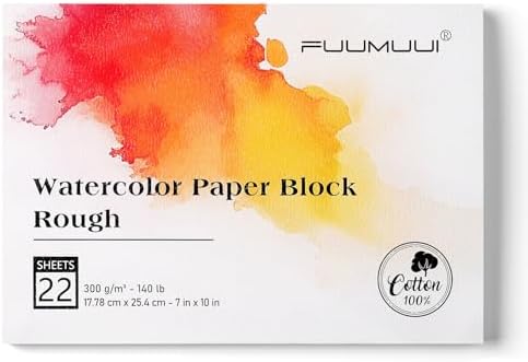 Fuumuui 7×10 Watercolor Paper Block, Textured Rough 100% Cotton Watercolor Paper, 140lb/300gsm, 22 Sheets, Acid-Free, Art Paper for Painting & Drawing, Wet, Mixed Media, Rough Grain