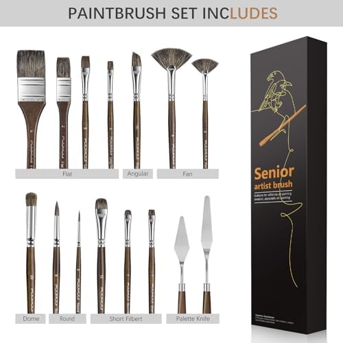 Oil Paint Brush Set, 15Pcs Fuumuui Professional Paint Blending Brushes Natural Badger Bristle with Flat, Fan, Angle, Round, Filbert for Acrylic Oil Painting with 2pc Palette Knife