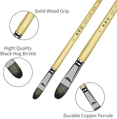 XDT#6386 Filbert Artist Paint Brush 6 Piece Set Medium Stiff Black Hog Bristle Extra Long Handle #2#4#6#8#10#12, Acrylic Oil Watercolor