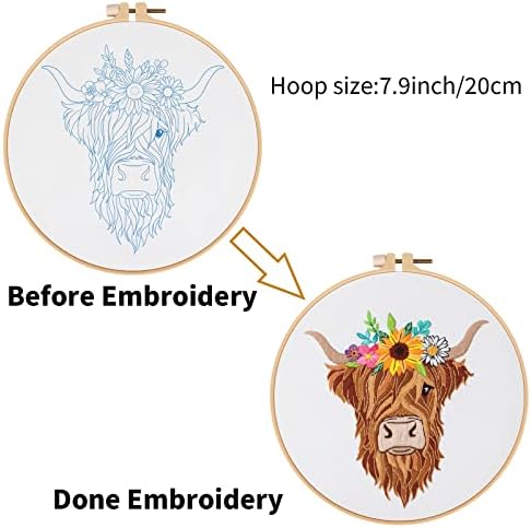 Louise Maelys Highland Cow Floral Embroidery Kit for Beginners Craft