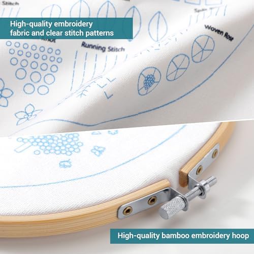 VIVIDOX 4 Sets Embroidery Kit for Beginners Adults, 35 Stitches Practice Kits Cross Stitch for Starter, DIY Hand Craft with Stamped Pattern, Bamboo Hoop, Threads, Needles, Scissors, Tools, Instruction