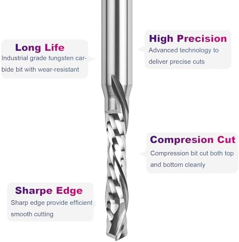 SpeTool Spiral Compression Router Bit 3/16" Cutting Diamter 1/4" Shank, Solid Carbide Router Bit Up Douwn Spiral Router Bits End Mill for CNC Wood Carving