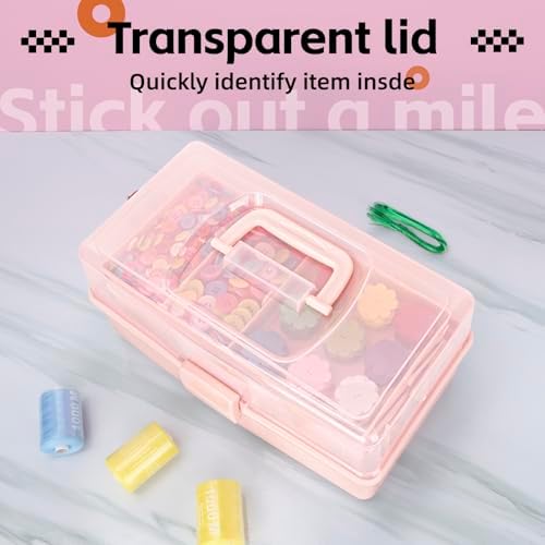 TERGOO 12.5in 3-Layer Multipurpose Craft Organizers and Storage with Adjustable Dividers, Portable Tackle Box, Folding Art & Craft Case for Medicine, Tool, Sewing Organizer (Pink)