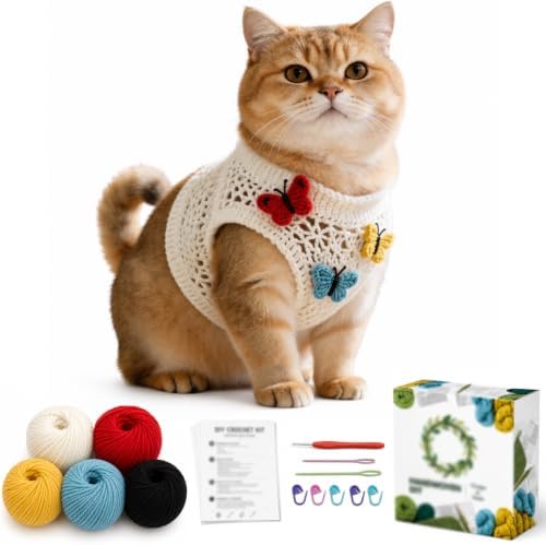 DIY Crochet Pet Clothes Kit for Beginners – Handmade Cat & Dog Sweater Knitting Craft Set with Yarn, Crochet Hook & Step-by-Step Instructions – Easy Beginner Crochet Pet Outfit Pattern Kit for Adults