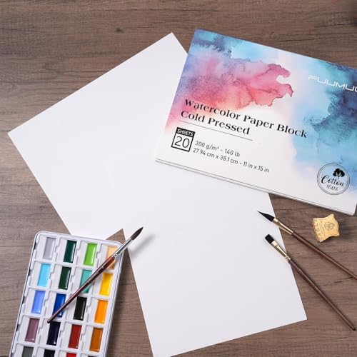 Watercolor Paper Block 11x15 Inch, Fuumuui 100% Cotton Watercolor Paper Pad of 20 Sheets, 140lb/300gsm, Acid-Free Cold Pressed Art Paper for Painting, Drawing, Wet, Mixed Media