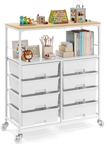 APEXCHASER Rolling Storage Cart with 8 Large Drawers, Wooden Tabletop