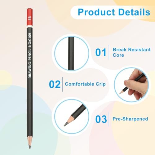 PATIKIL 5B Drawing Pencils for Sketching, 12PCS Sketch Pencils for Drawing Art Pencils Graphite Wood Pre-sharpened for Drawing Sketching Artists, 5B Pencils Black Red Rod