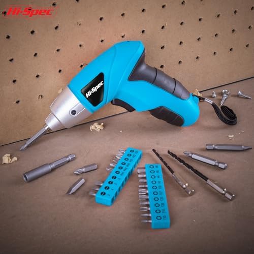 Hi-Spec 3.6V USB Electric Screwdriver for Home Repairs and Assembly, Blue | 27pc, fast assembly help, common screw bit selection, LED visibility, compact grip, quick household fixes, organized storage
