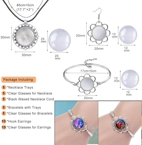 Pendant Trays Set with Glass Cabochon for Jewelry Making Supplies, Floral