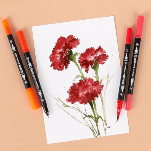 Red Duo Tip Marker Pens, 12 Fine & Brush Tip Pen For Adult Coloring Books