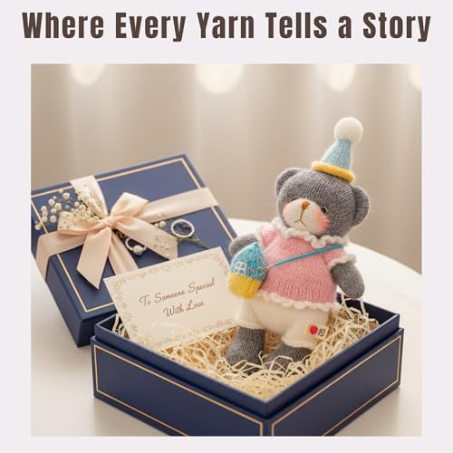 Yarnique Wool Bear Knitting Kit – Real Wool Amigurumi Kit for Adults with Video Tutorials | DIY amigurumi Crochet & Knitting Kit with Tools | Holiday Gift Craft Set (Birthday Bear)