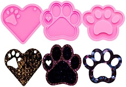 3pc Glossy Resin Silicone Paw Print Molds DIY Making Keychain, Heart with Paw Cutout Epoxy Mold with 10PC Key Ring(DY0129+DY0292+DY0404)