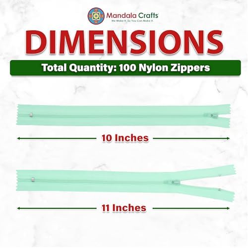 Mandala Crafts 100 PCs Mint Closed-End 10 Inches Nylon Zippers for Sewing