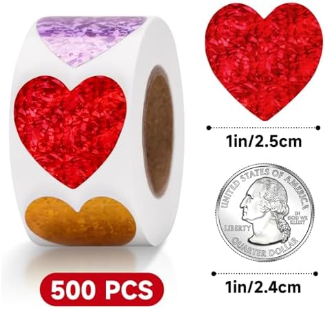 Anwyll Heart Stickers - 500Pcs 1Inch Valentines Day Heart Stickers Holographic Colored Heart Shape Sticker for Reward Classroom Self Adhesive Love Incentive Sticker for Envelope Seal Birthday Wedding