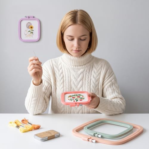 Rivvlive 85 Pcs Square Cross Stitch Supplies Embroidery Kit for Beginners with Square Cross Stitch Hoops Needles Scissors Floss Bobbins Seam Ripper for Adults, Embroidery Tools DIY Supplies