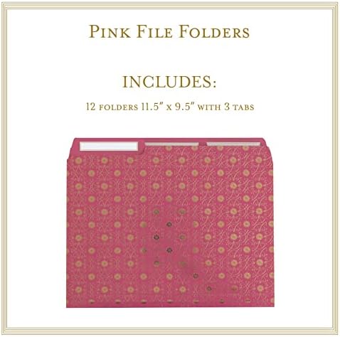 Anna Griffin Pink File Folders - 12 Letter Size Foil Stamped Folders with 3 Tab Dividers, Fashionably Designed for Optimal Organization in Any Setting