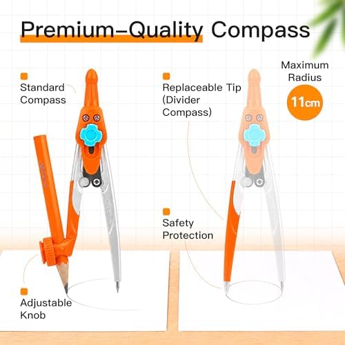 YPLUS Geometry Set, Protractor and Compass Set for Students, 12Pcs | Compass Drawing Tool with Metal Case, Rulers, Protractor, Mechanical Pen, Back to School Supplies for Students