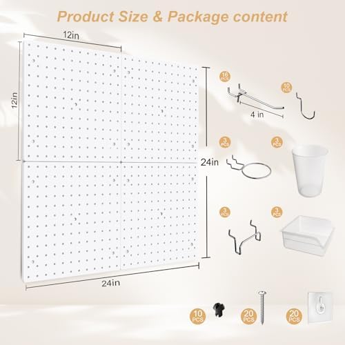 FZK Modular Plastic Peg Board Wall Organizer Kit, 12x12, White