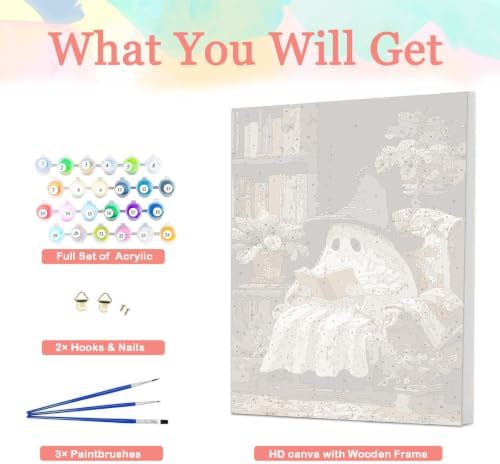 Auremi Paint by Number Kits with Framed Ghosts, DIY Halloween Paint by Number Canvas for Adults, Easy Acrylic in Canvas with Brushes for Decor 20x30cm