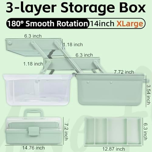 TERGOO 14in 3-Layer Multipurpose Craft Organizers and Storage with Adjustable Dividers, Portable Tackle Box, Folding Art & Craft Case for Medicine, Tool, Sewing Organizer (Haze Green, X-Large)