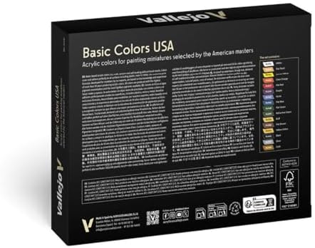 Vallejo - Basic Colors USA Acrylic Paint Set | Model Color | Figure Color Series Historical Miniature Kit to Achieve Historical Accuracy with Artist-Grade Pigments | 16 Bottles x 18 ml (0.60 fl.oz.)
