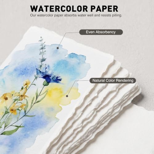 MAXECHO 50 Sheets Deckled Edge Paper 4" x 6" Handmade Textured Paper, 160 GSM Watercolor Paper for Crafts, Stationery, Invitations, Cards