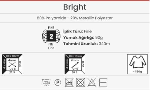 YarnArt Bright Metallic Glitter Yarn – 80% Polyamide 20% Metallic Polyester, 90g 340m, Soft Sparkle Fiber for Crochet, Lace, Summer Tops & Accessories – 4 mm Needle & Hook (128, Silver)