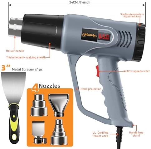 Digital Display Heat Gun, Adjustable Temp Hot Air Tool for Crafts & Shrink Tubing | Digital Heat Gun with Side LCD Display, 650°C Adjustable Hot Air Tool, 4 Nozzles
