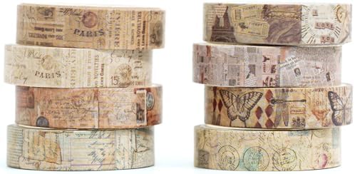 Vintage Washi Tape Set 8 Rolls Thin Retro Decorative Antique Patterns Masking Tapes for Arts, DIY Crafts, Journals, Planners, Scrapbook, Wrapping (Junk Books)