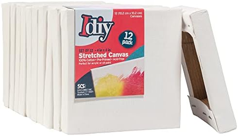 iDIY Stretched Canvas Board 4 x 4 (Set of 12) 5/8" - Classic White Blank, Pre Primed for Oils or Acrylics, 100% Cotton, Acid Free - Professional Grade for Painting or Art Project, Craft, Mixed Media