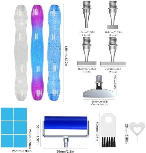 ZYNYXY 17PCS Ergonomic Diamond Art Pen Kits, with Multifunctional Metal Stainless Steel Screw Thin 1, 3, 6, 9, Tips, Correction Placers Roller Accessories(E-BluePurple+Blue+White+ 5 PCS Tips)