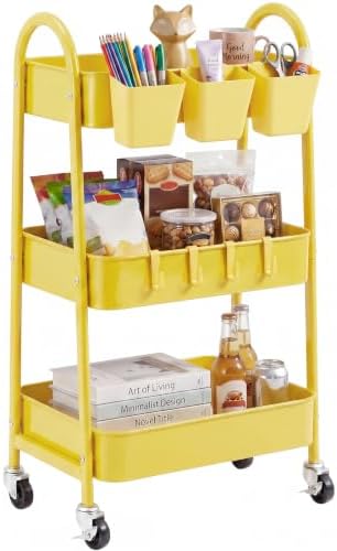 danpinera 3-Tier Rolling Cart, Utility Cart Mobile Metal Rolling Storage Cart with Lockable Wheels & Hanging Cups & Hooks for Kitchen, Bathroom, Office, Workshop, Yellow