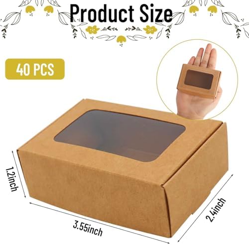RYKOMO 40 PCS Soap Boxes for Homemade 3.55 x 2.4 x 1.2 Inch Small Soap Paper Box Mini Kraft Treat Box with Window for Homemade Soap Packaging Boxes Supplies