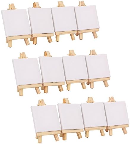 Tosnail 12 Packs Mini Canvas and Easel Set, Art Easel Stand with Canvas Set Tabletop Wooden Display Stand and Canvas Panels for Artist, Students, Adults, Kids Painting
