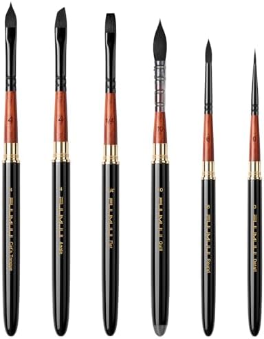 Travel Watercolor Brushes, Fuumuui Professional 6pcs Natural Soft Squirrel Hair Watercolor Travel Brush Set with Graphite Tip Pen Perfect for Watercolor Gouache Ink Painting