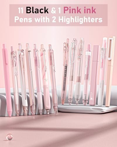 Four Candies Pink Pens, Black & Pink Ink, 0.5mm Fine Point, 2 Highlighters
