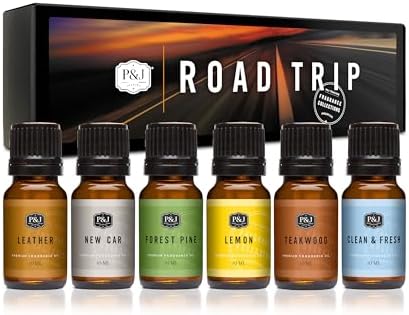 P&J Trading Road Trip Car Fragrance Oil Set – 6 Premium Scents - New Car, Leather, Forest Pine, Lemon, Clean & Fresh, Teakwood – for Car Diffusers, Air Fresheners, Auto Detailing & DIY Crafts
