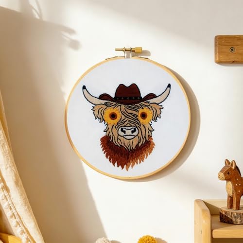 Highland Cow Embroidery Kits for Beginners Adults, Animal Hand Embroidery Starters Kits, Stamped Cross Stitch Kits DIY Needlepoint Kits for Beginners Adults, Embroidery Hoop, Thread and Video Tutorial