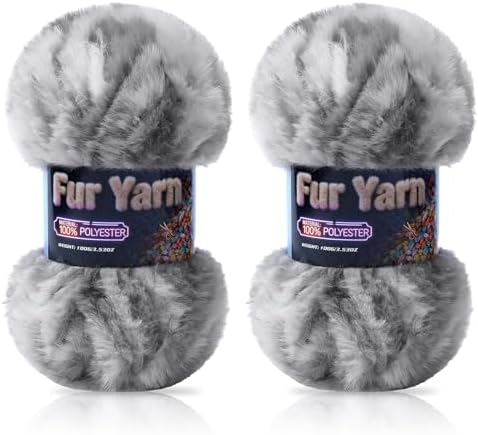 Faux Fur Yarn Soft Fluffy for Crocheting - 2 Skeins(Each 3.5oz/100g, 71yd/65m) - Chunky & Fluffy Yarn for Crochet Amigurumi, Blankets, Hand Knitting, Scarves &Crafts (2, Colorful White + Gray)
