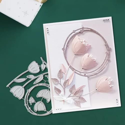 Scrapbooking Die-Cuts, Layer Frame Net Set Metal Cutting Dies for Card Making, Paper Craft Template, Background Embossing Stencils, DIY Album Décor (Tulip Wreath-11x10.4 cm)