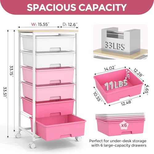 6 Drawer Rolling Storage Cart with Wooden Top and Wheels for Crafts, Pink