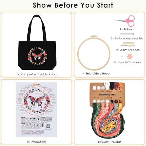 ERKOON Embroidery Canvas Tote Bag for Beginners, Floral Arts Crafts Cross Stitch Kits for Adults Including Stamped Embroidery Bag with Hoops, Needle, Instruction and Color Threads (Butterfly)