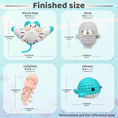 YAMAXIN Crochet Kit for Beginners – Ocean Animal Amigurumi DIY Yarn Kit with Step-by-Step Instructions, Tools & Soft Yarn – 4 Pack Crochet Kit Gift for Adults