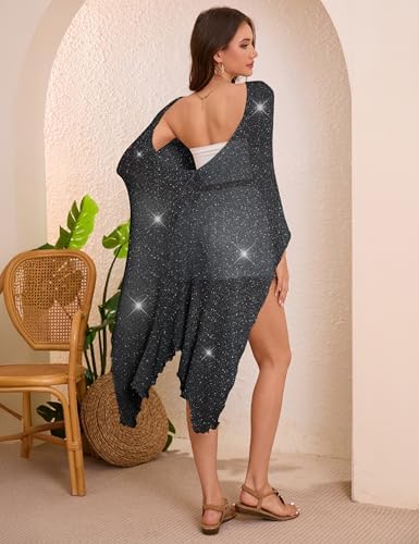 MAKABO Women's Crochet Sheer Poncho Top Lightweight Sparkly Shrug Pullover Knit Bolero Sweater Cover Up Beachwear